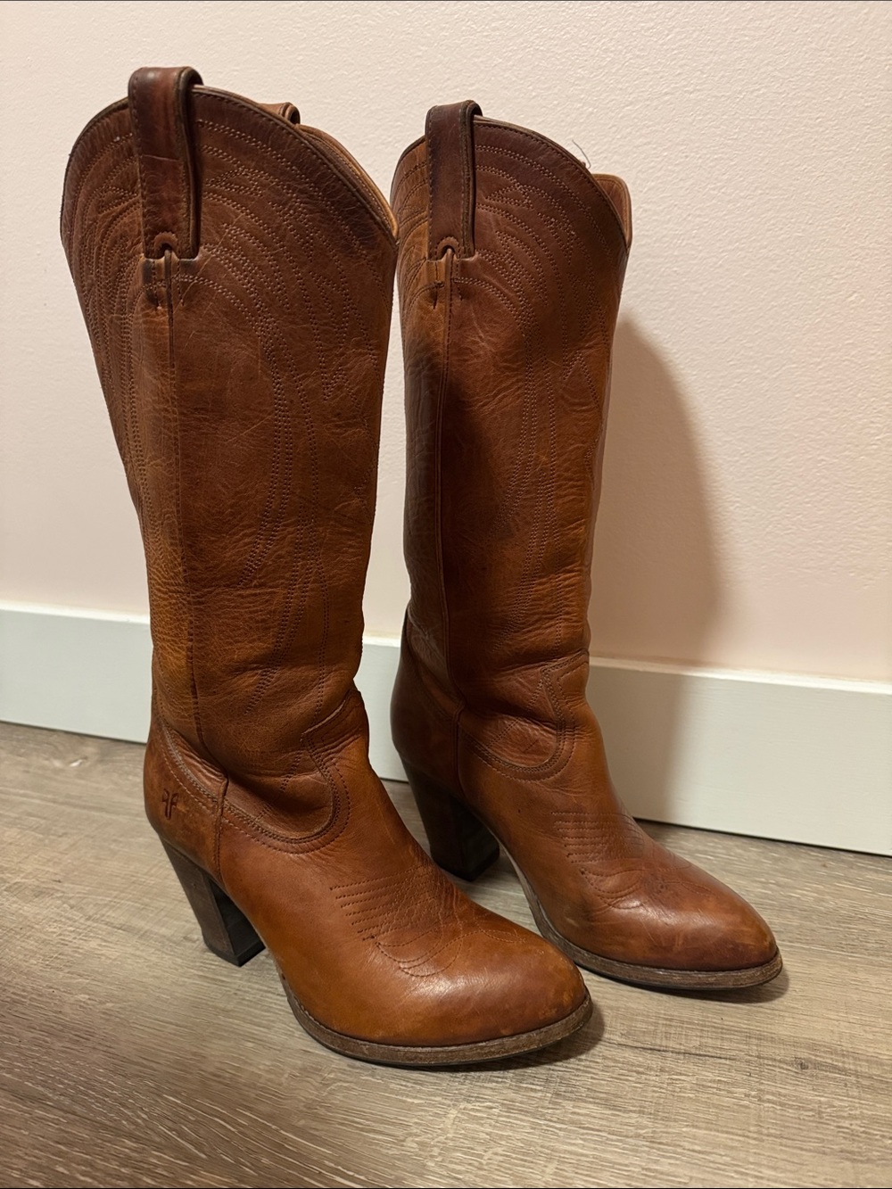 Frye Tan Leather Western Knee-High Heeled Boots